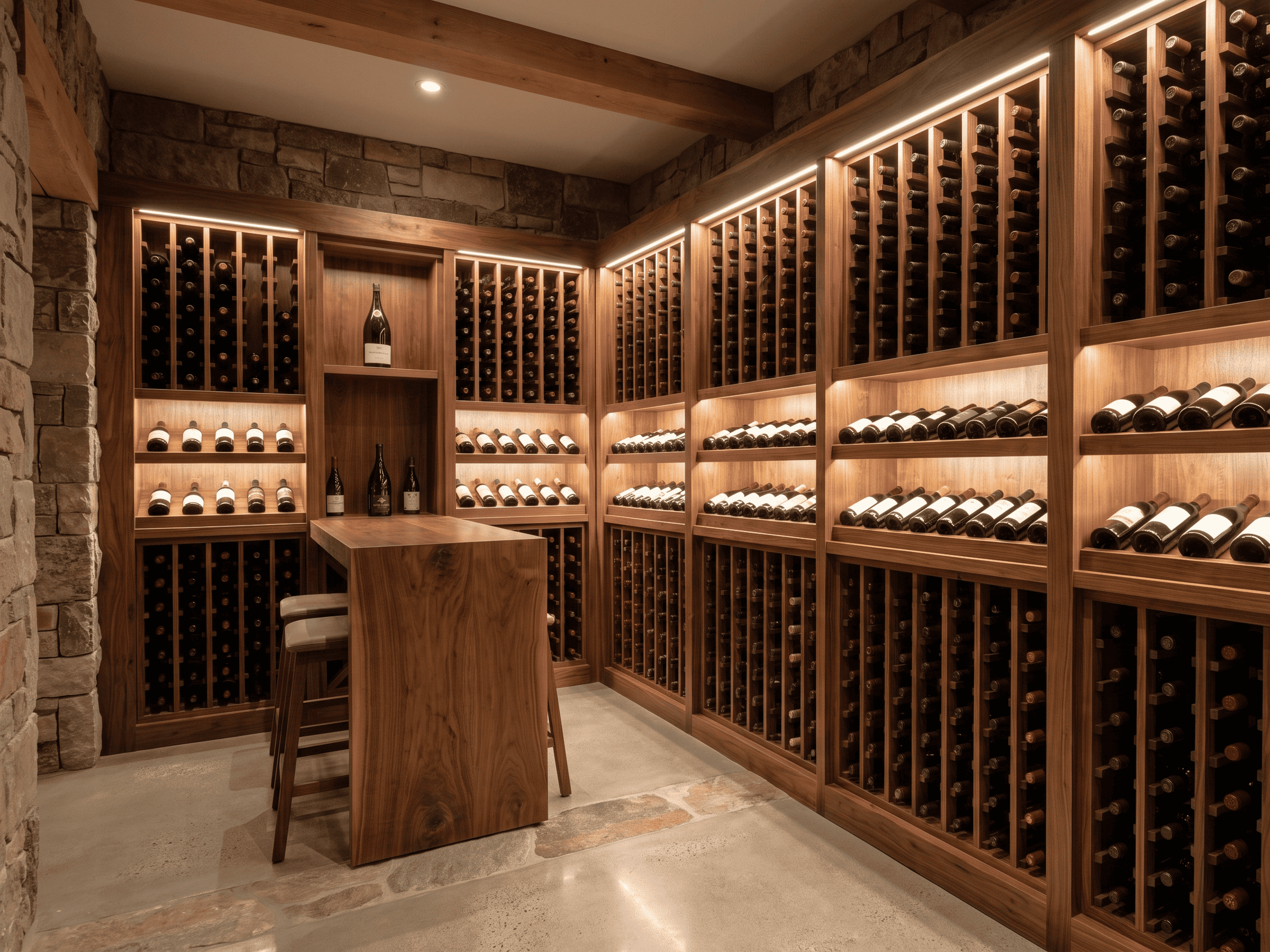 Example Co Wine Cellar Elegant wine cellar with wooden racks and ambient lighting at Example Co.