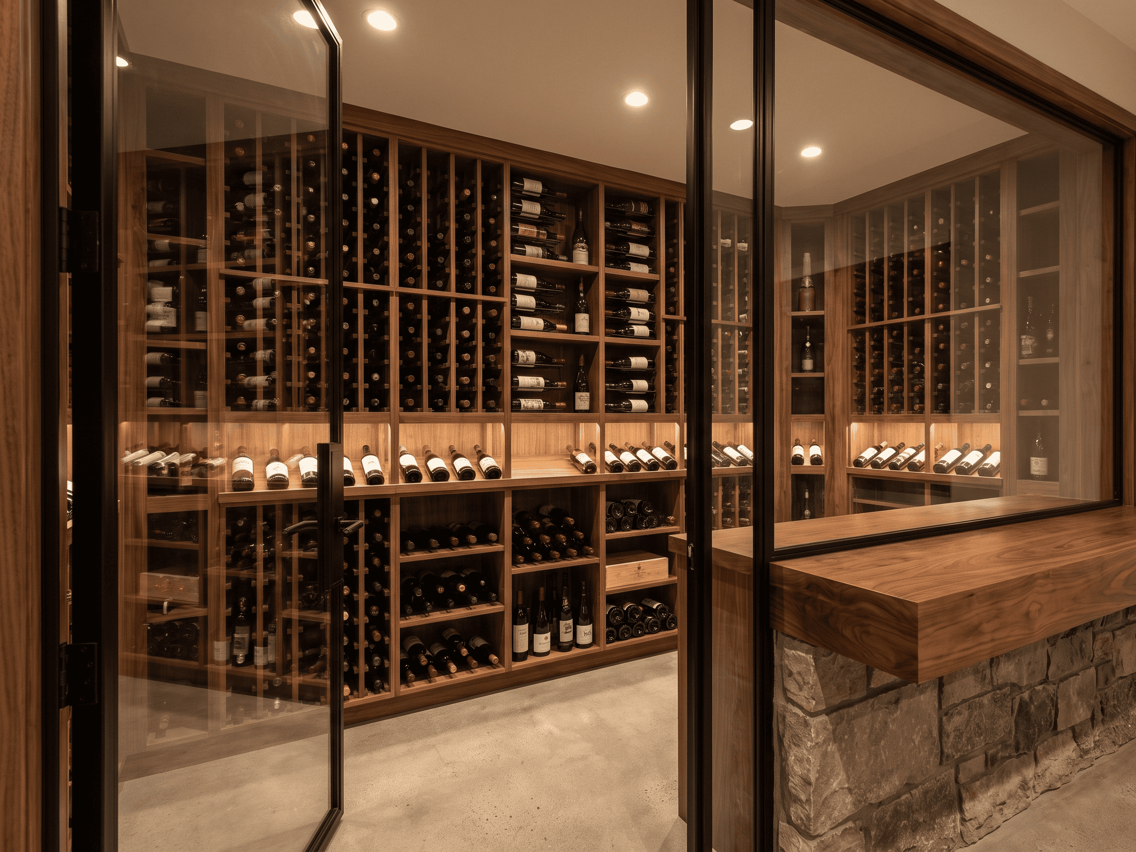 Example Co Wine Cellar Elegant wine cellar with wooden racks filled with wine bottles at Example Co.