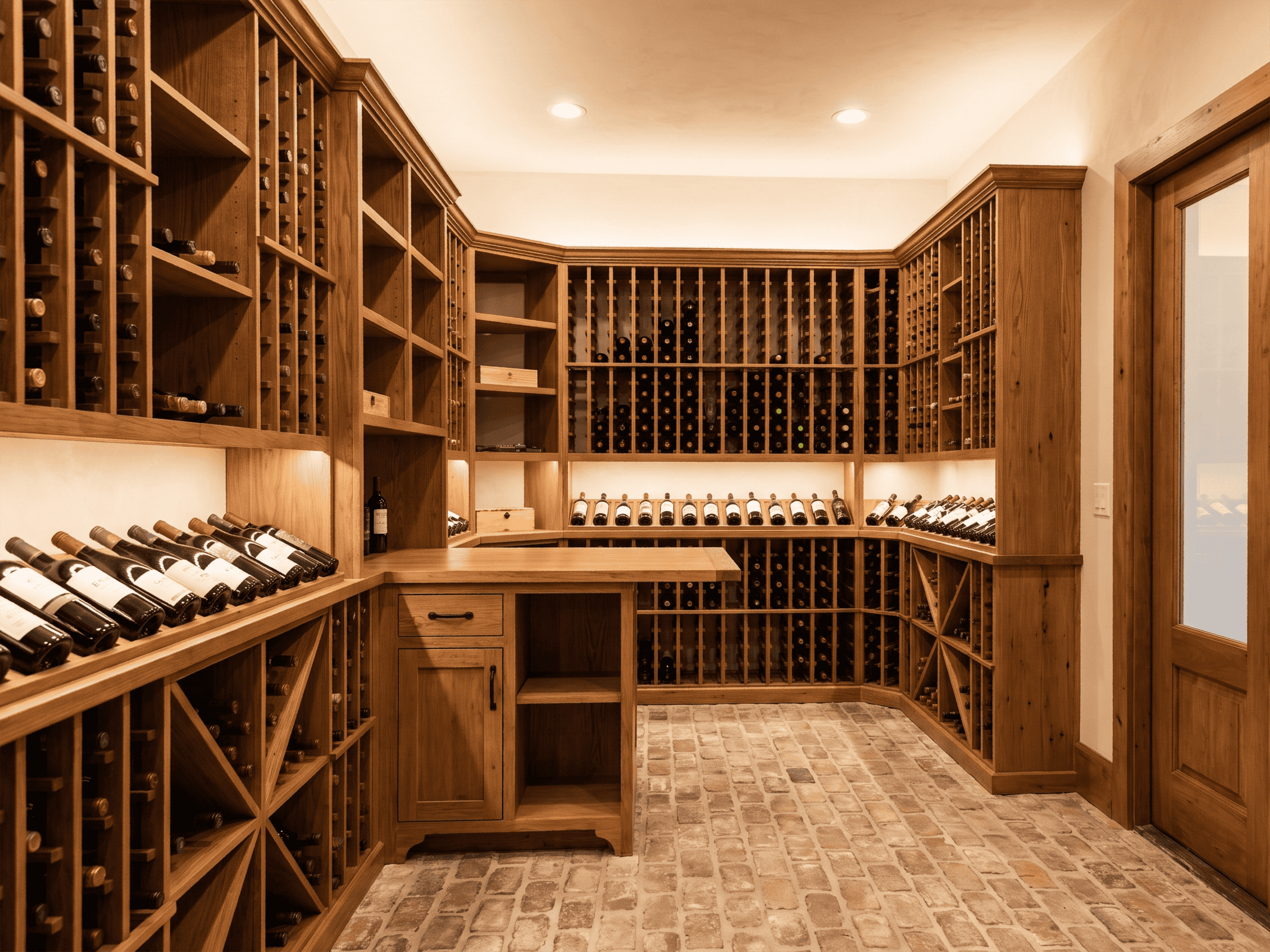 Example Co Wine Cellar Elegant wine cellar with wooden racks filled with wine bottles at Example Co.