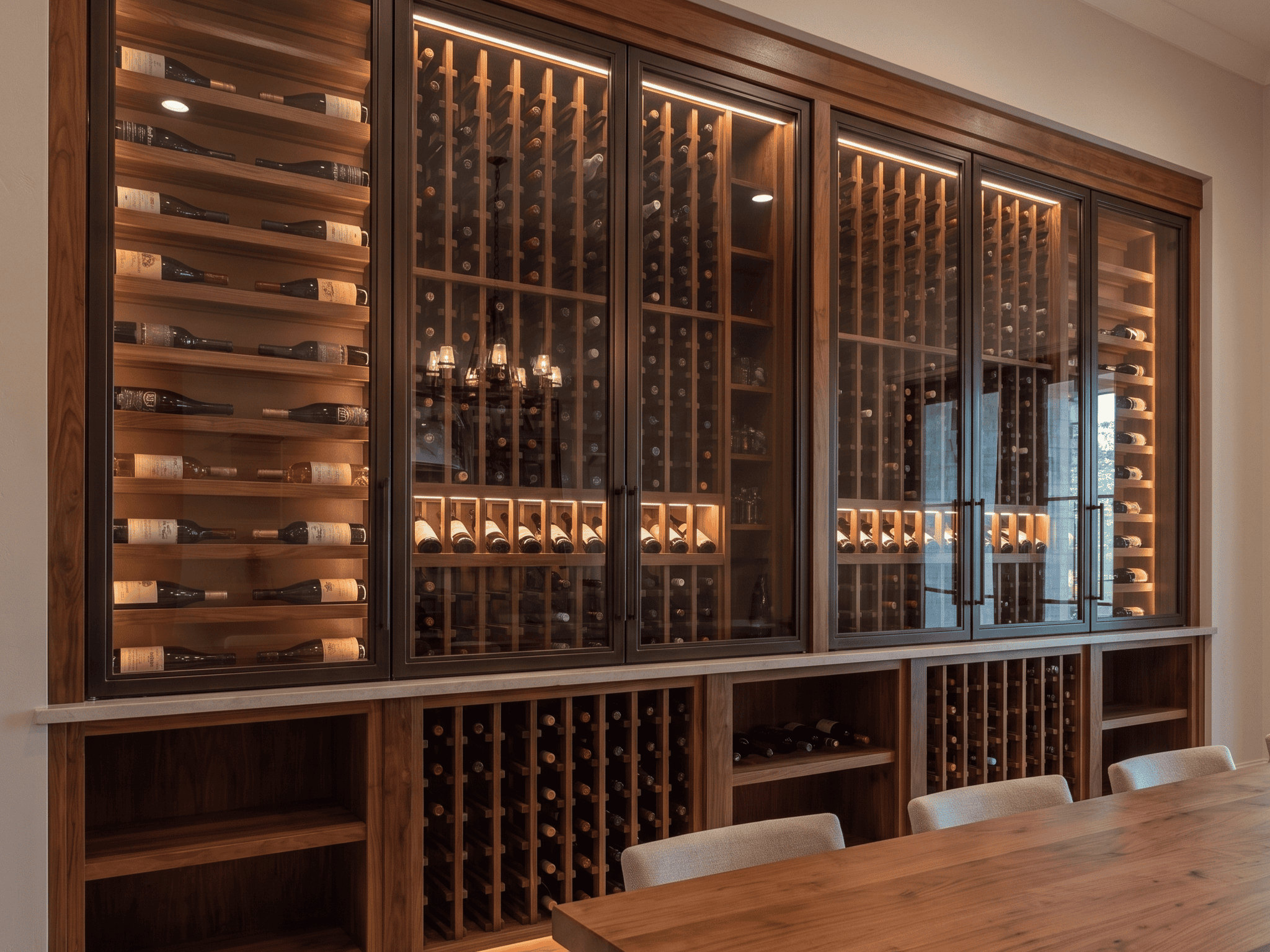 Elegant wine cellar with wooden racks and ambient lighting at Example Co.
