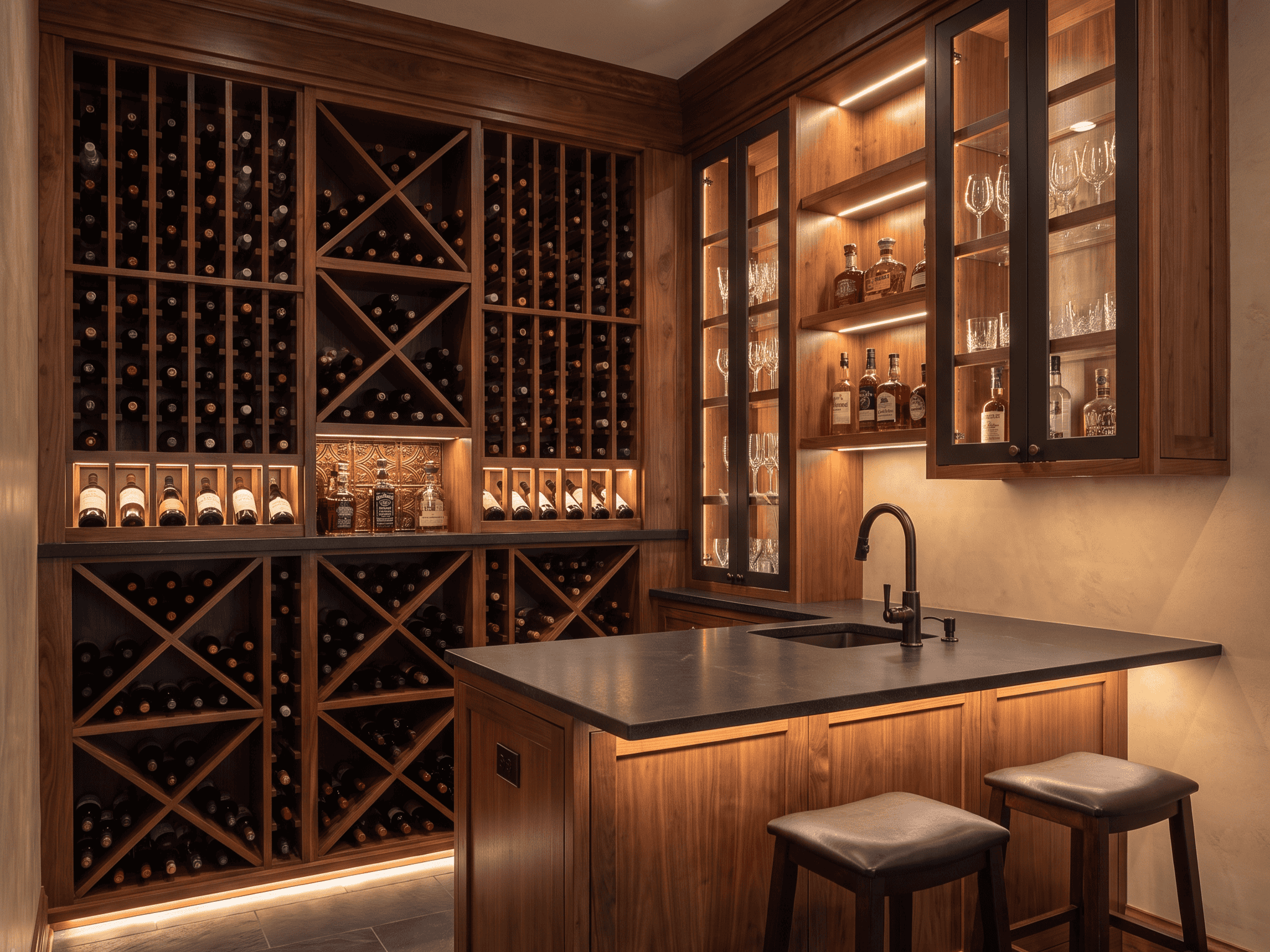 Elegant Wine Cellar Luxurious wine cellar with wooden racks, glass cabinets, and a small bar area.