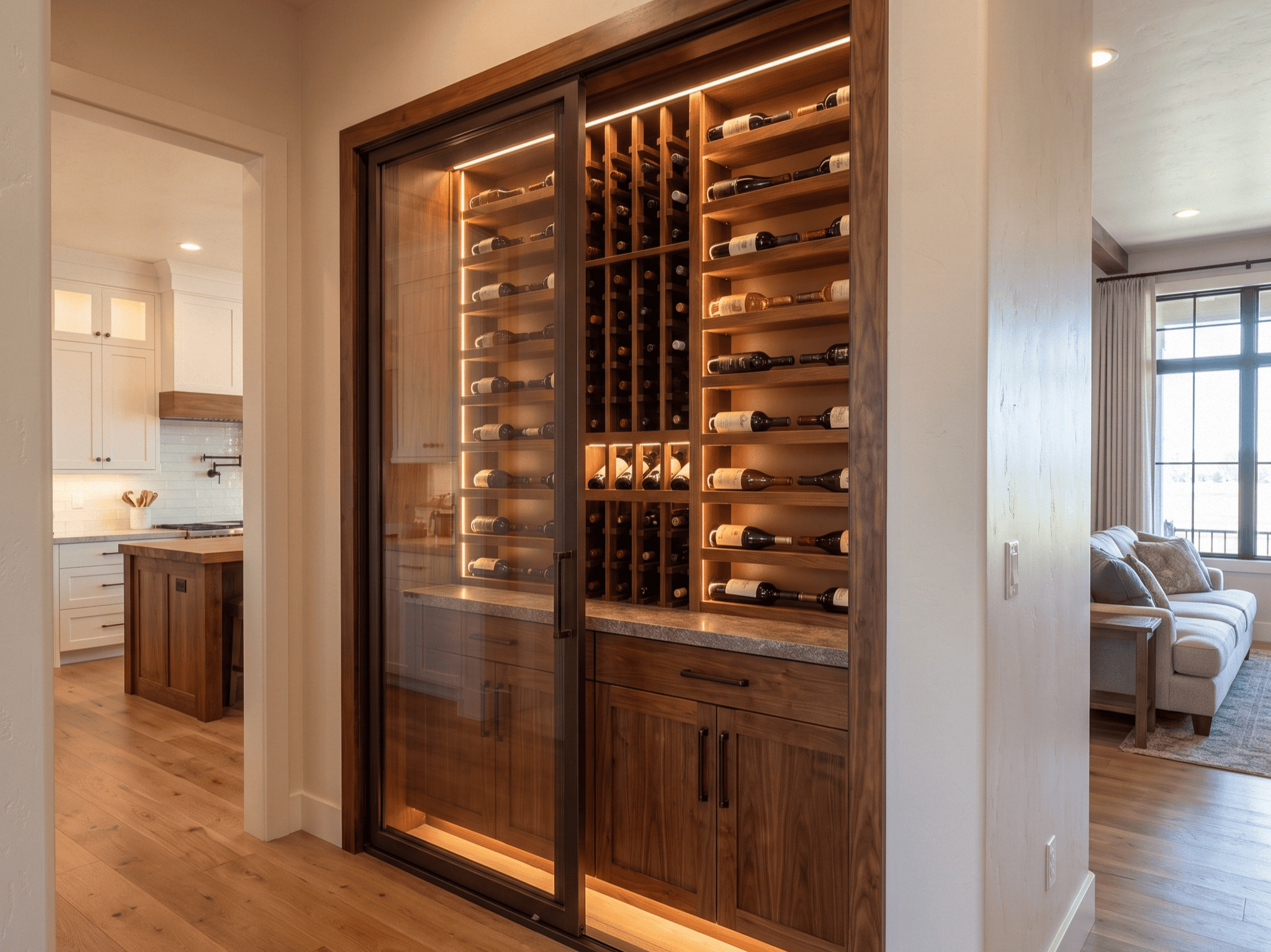 Elegant wine storage with wooden racks and glass door in modern home.