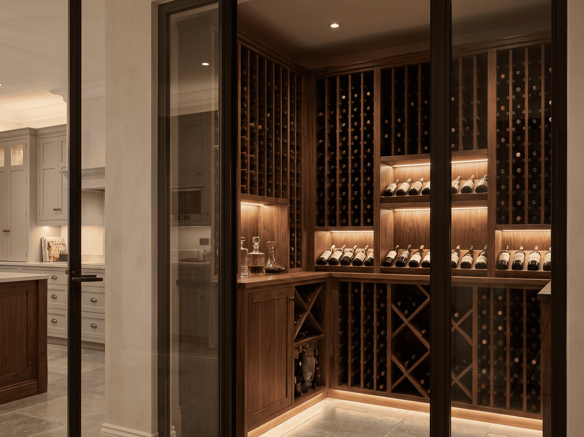 Elegant wine cellar with wooden racks and ambient lighting for wine storage.