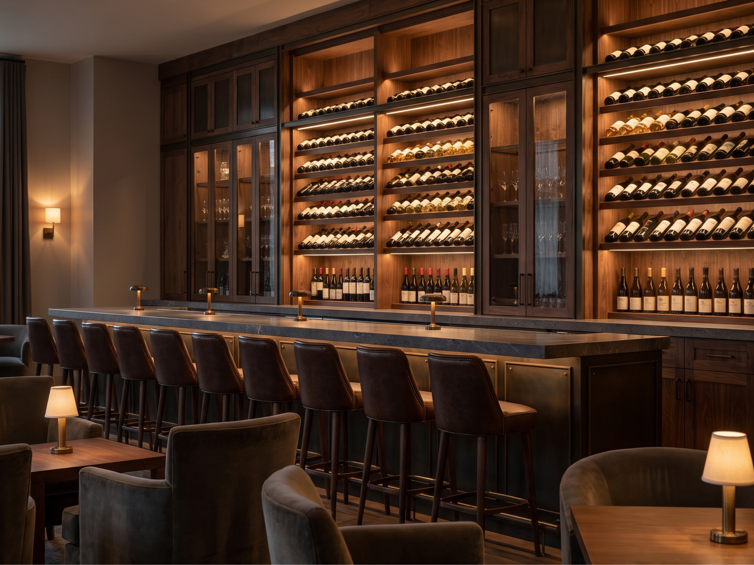 Elegant wine cellar with wooden shelves and a bar counter at Example Co.