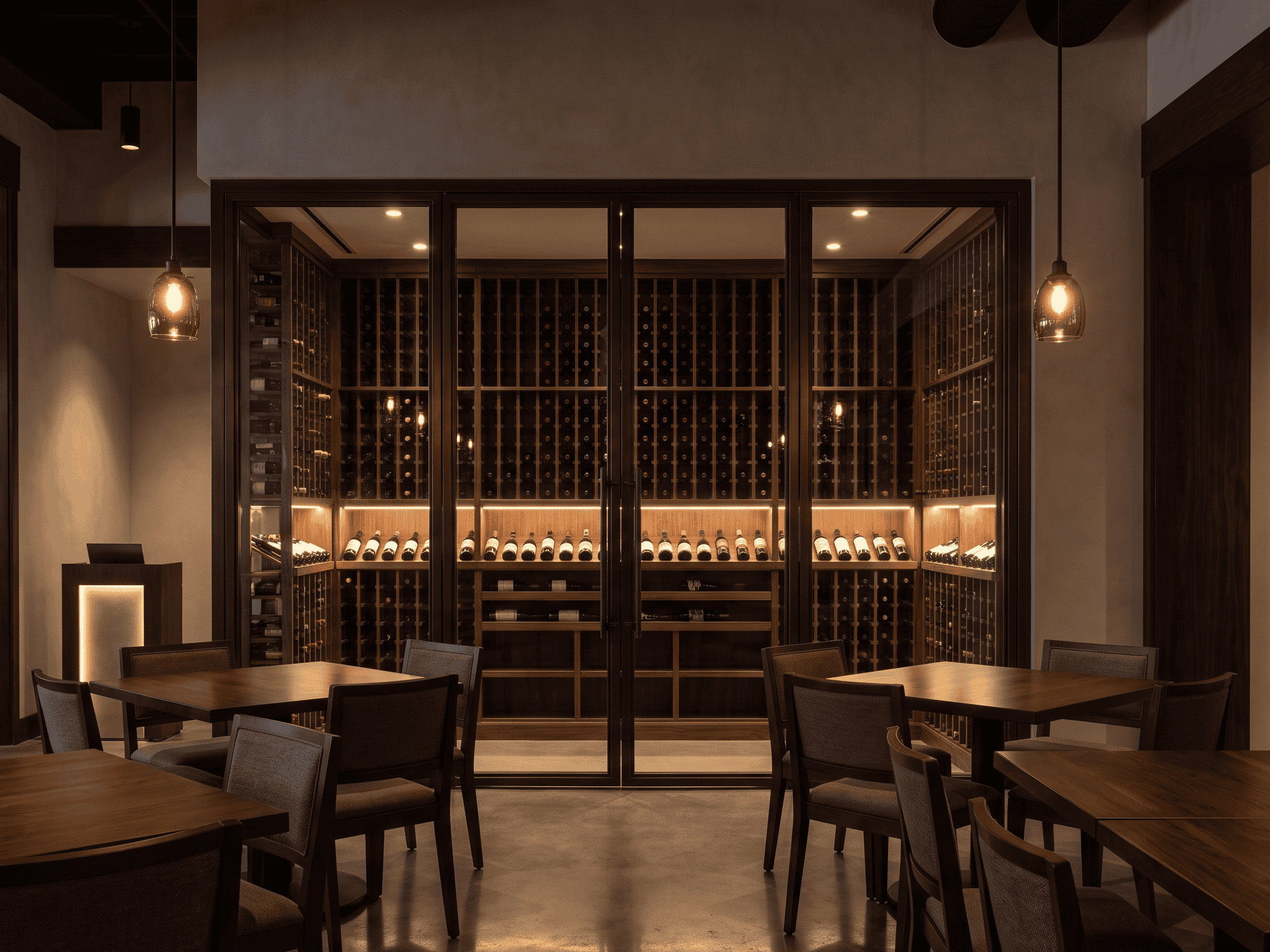 Elegant wine cellar with wooden racks and ambient lighting at Example Co.
